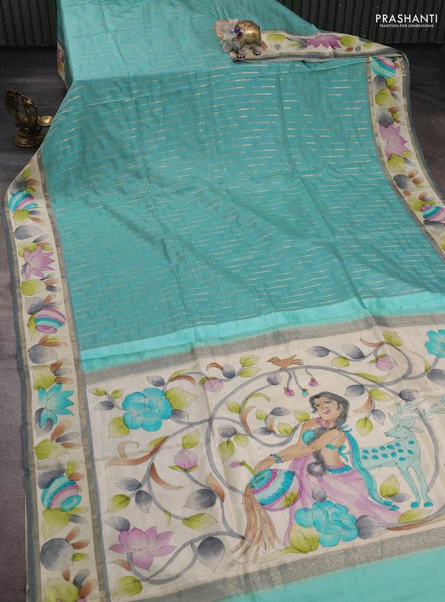 Teal Green & Cream Pure Kanchipuram Silk - Hand Painted