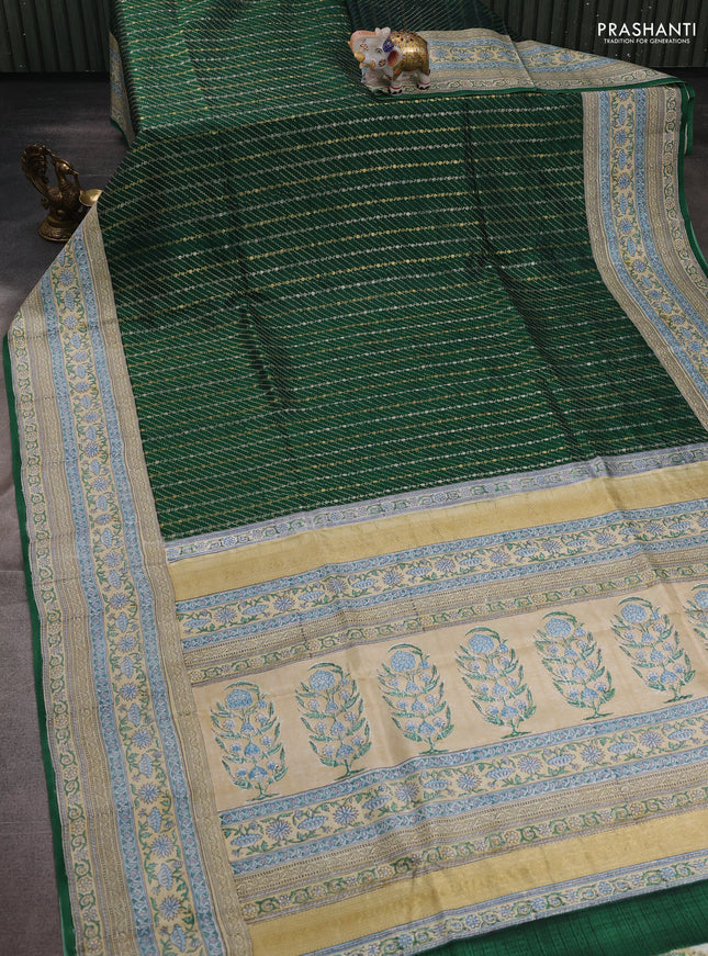 Bottle Green & Beige Pure Kanchipuram Silk - Block Prints