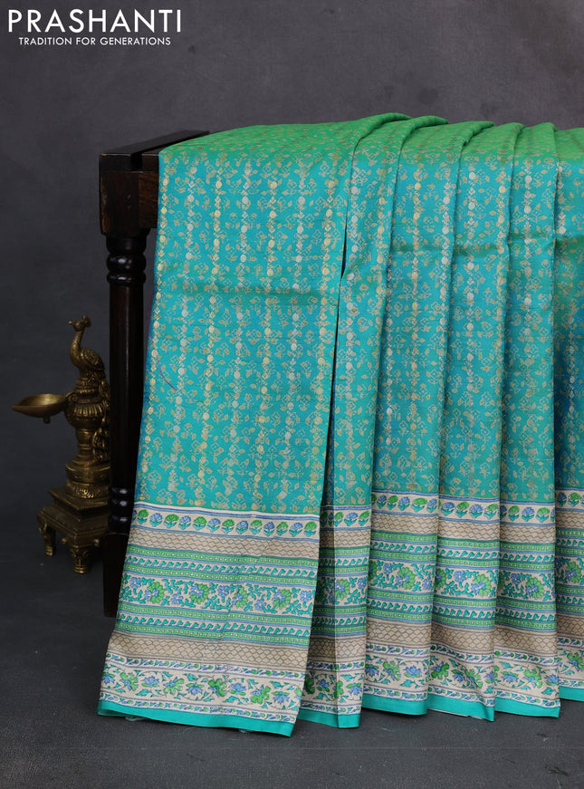 Teal Green & Beige Pure Kanchipuram Silk - Block Prints
