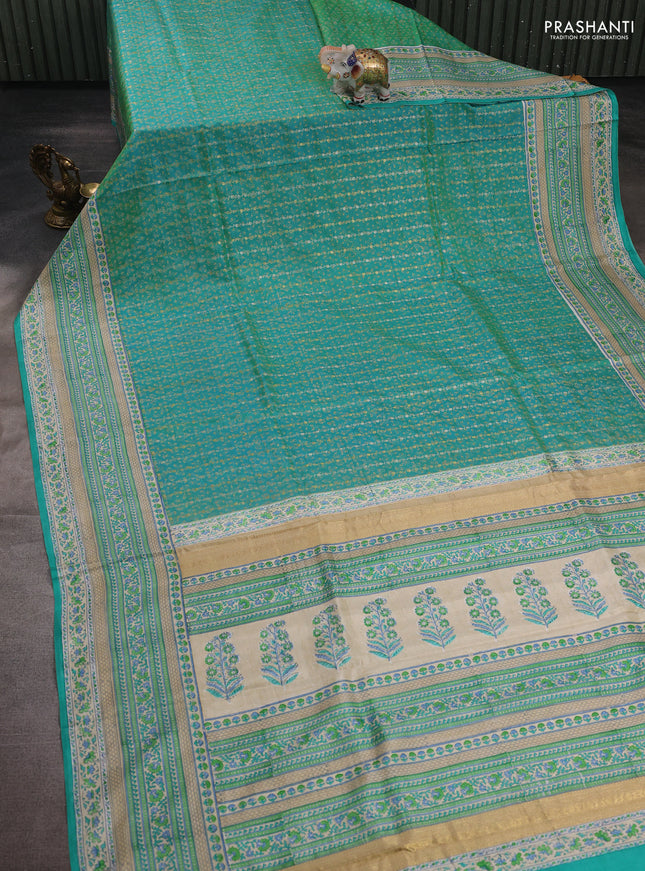 Teal Green & Beige Pure Kanchipuram Silk - Block Prints