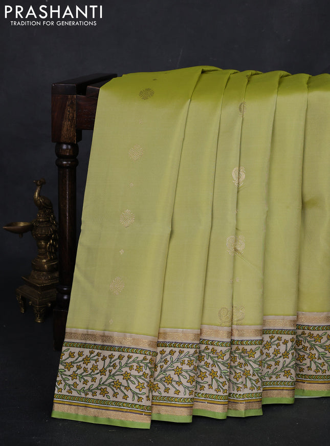 Pista Green & Beige Pure Kanchipuram Silk - Block Prints