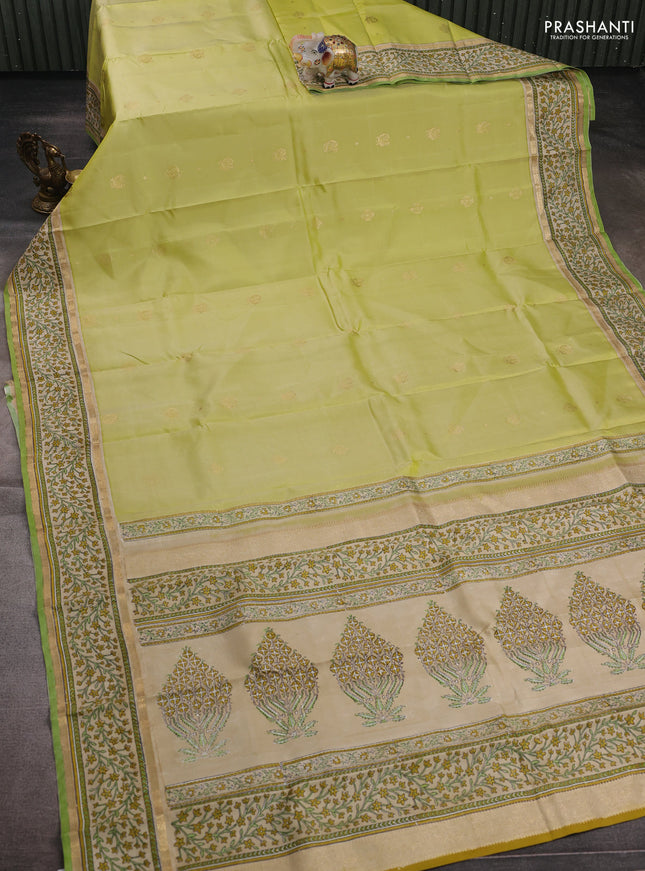 Pista Green & Beige Pure Kanchipuram Silk - Block Prints