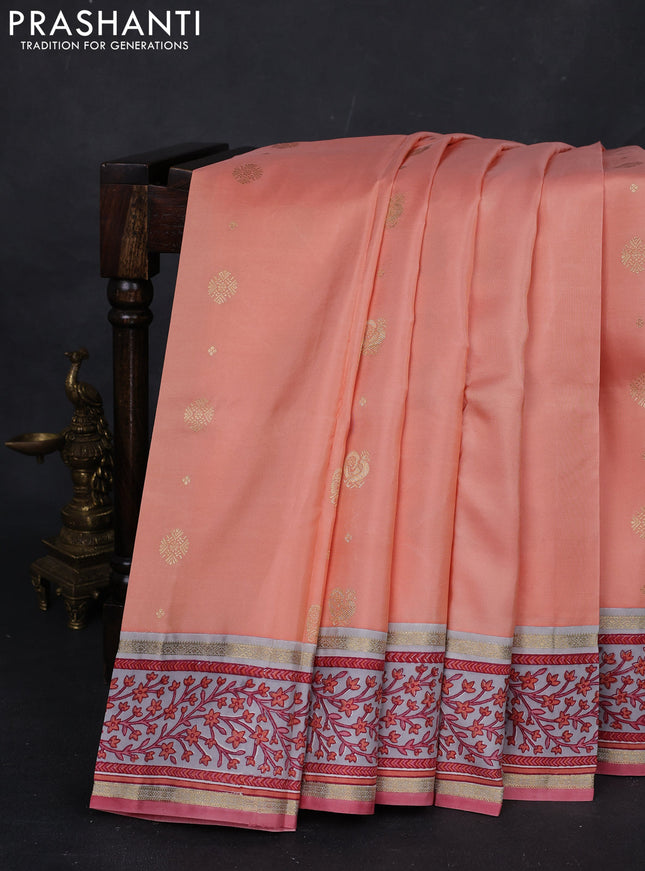 Peach & Grey Pure Kanchipuram Silk - Block Prints