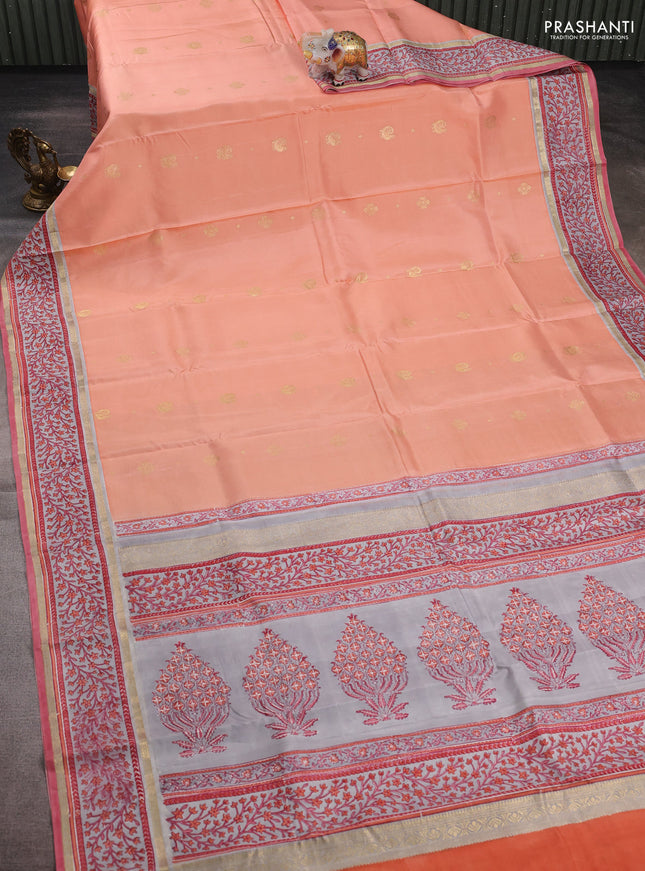 Peach & Grey Pure Kanchipuram Silk - Block Prints