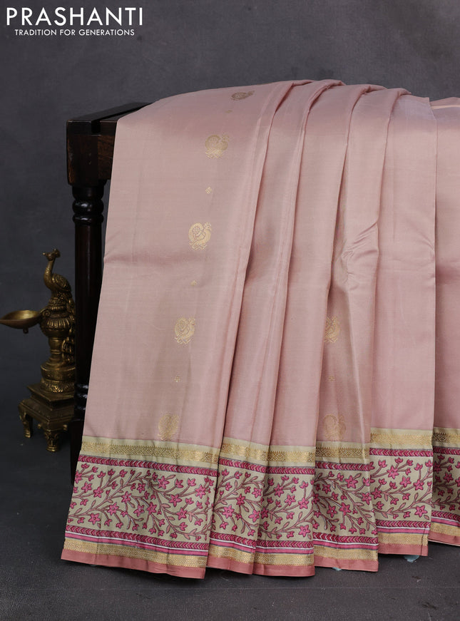 Beige & Pista Green Pure Kanchipuram Silk - Block Prints