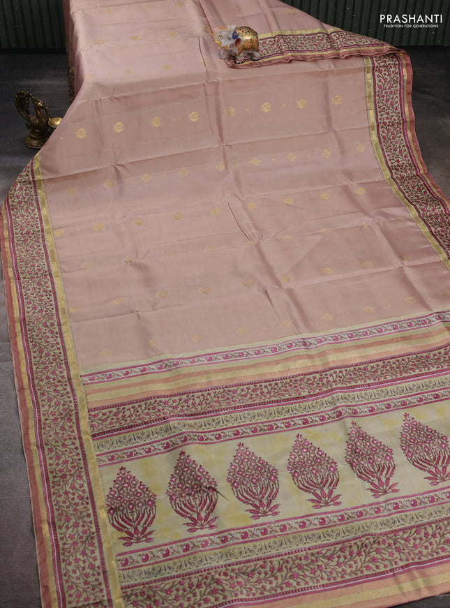 Beige & Pista Green Pure Kanchipuram Silk - Block Prints