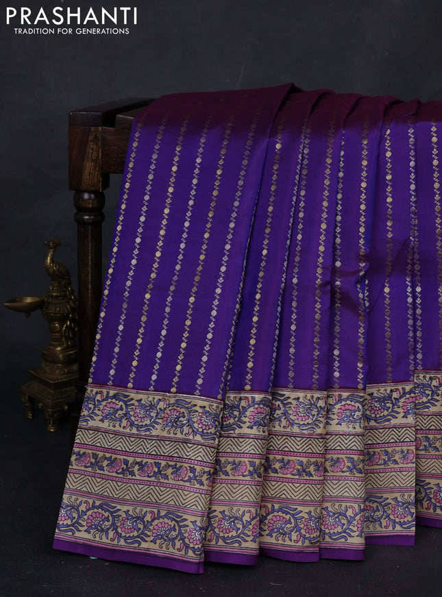 Purple & Beige Pure Kanchipuram Silk - Block Prints