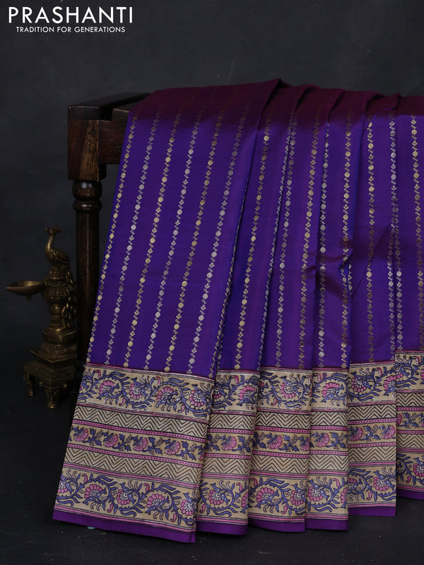 Purple & Beige Pure Kanchipuram Silk - Block Prints