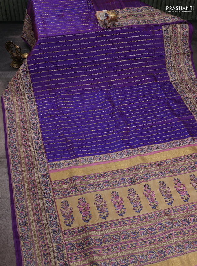 Purple & Beige Pure Kanchipuram Silk - Block Prints