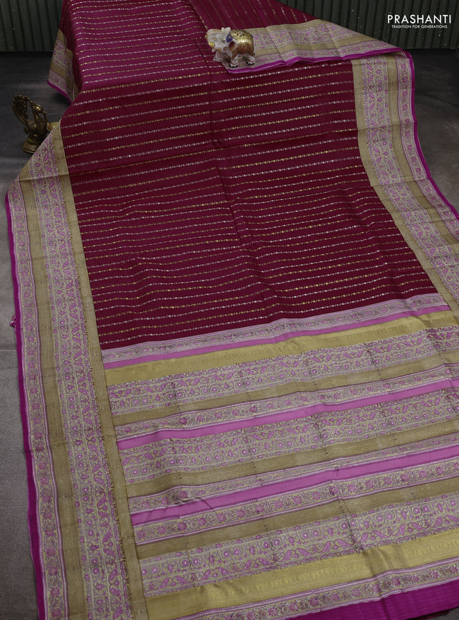 Magenta Pink & Beige Pure Kanchipuram Silk - Block Prints