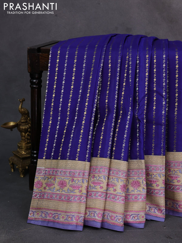 Navy Blue & Beige Pure Kanchipuram Silk - Block Prints