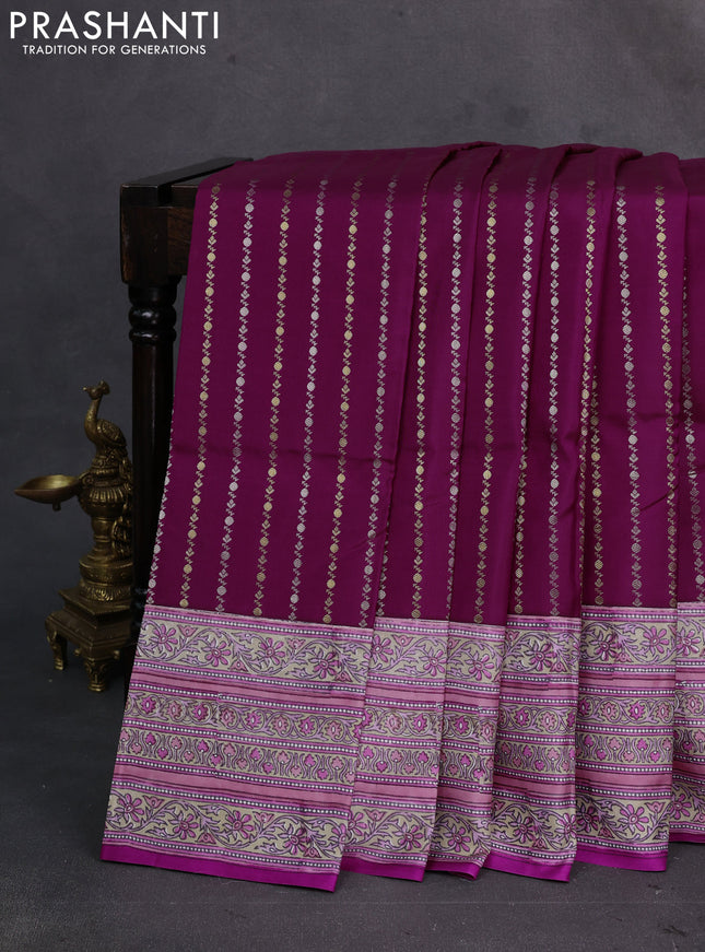 Magenta Pink & Beige Pure Kanchipuram Silk - Block Prints