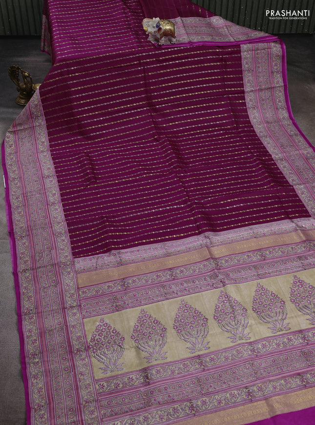 Magenta Pink & Beige Pure Kanchipuram Silk - Block Prints