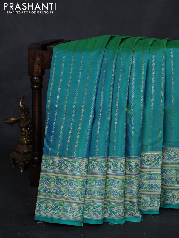 Teal Green & Beige Pure Kanchipuram Silk - Block Prints