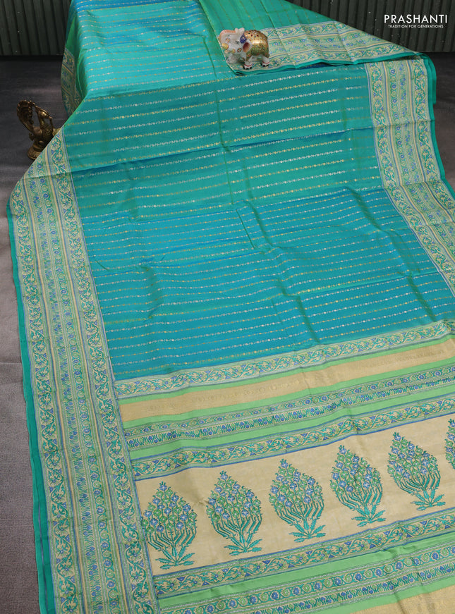 Teal Green & Beige Pure Kanchipuram Silk - Block Prints