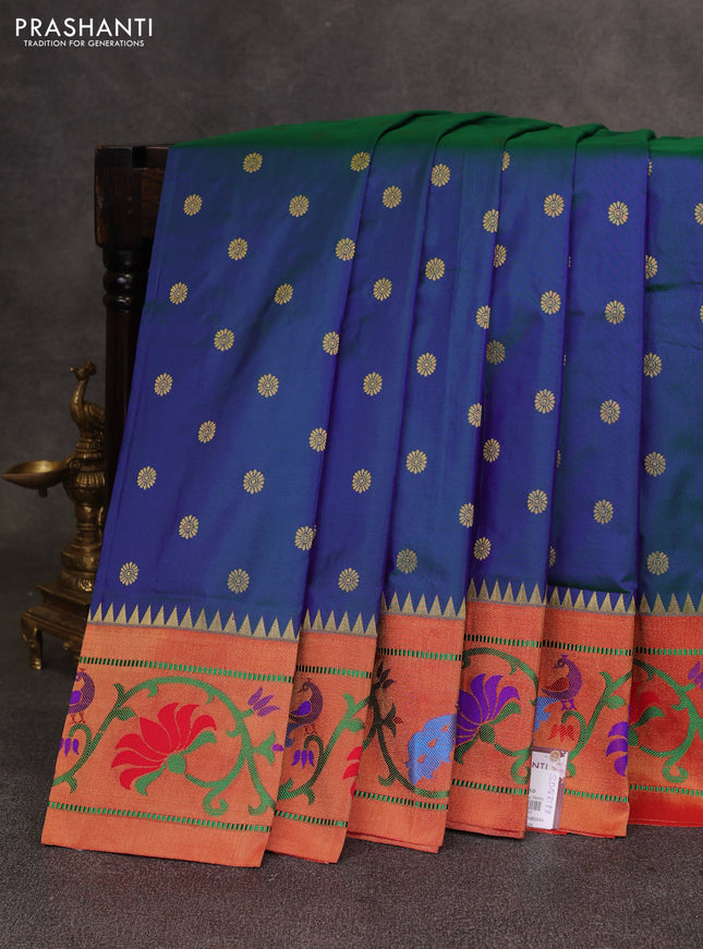 Peacock Blue & Red Pure Paithani Silk Saree