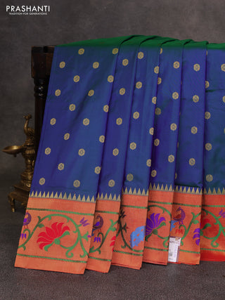 Peacock Blue & Red Pure Paithani Silk Saree
