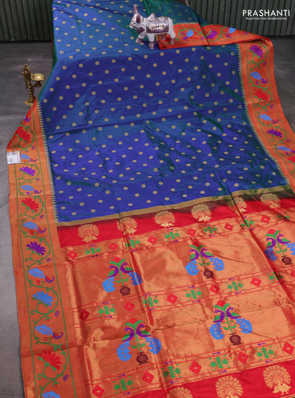 Peacock Blue & Red Pure Paithani Silk Saree