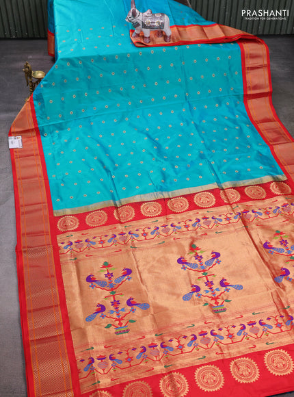 Teal Green & Orange Pure Paithani Silk Saree