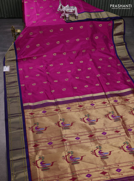 Magenta Pink & Blue Pure Paithani Silk Saree