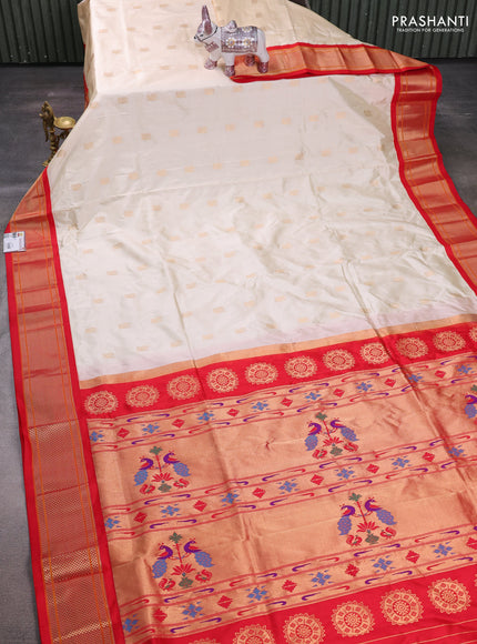 Cream & Red Pure Paithani Silk Saree