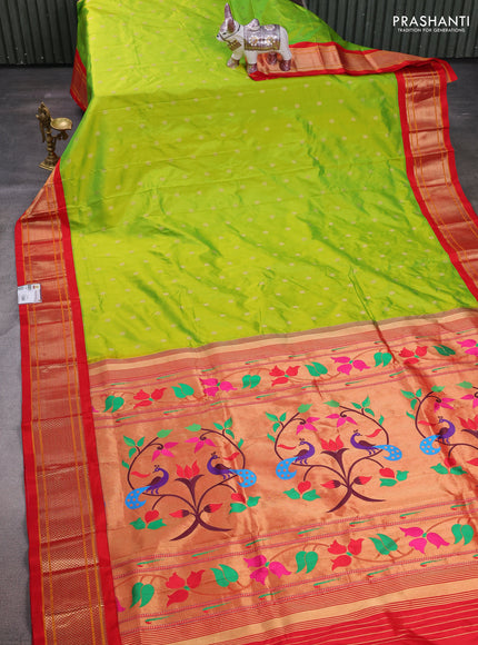 Lime Green & Red Pure Paithani Silk Saree
