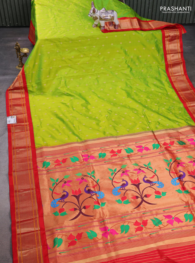 Lime Green & Red Pure Paithani Silk Saree