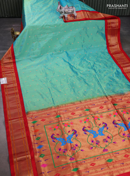 Teal Blue & Red Pure Paithani Silk Saree