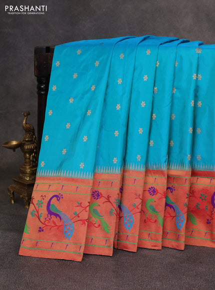 Teal Blue & Red Pure Paithani Silk Saree