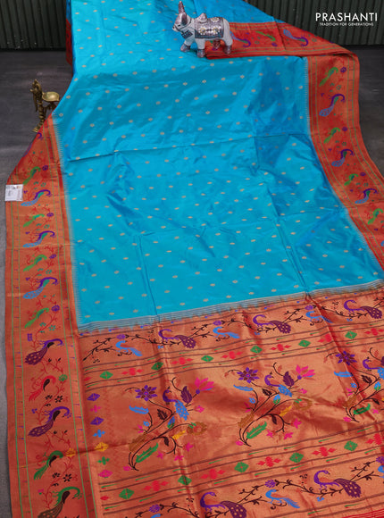 Teal Blue & Red Pure Paithani Silk Saree
