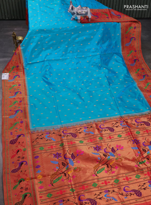 Teal Blue & Red Pure Paithani Silk Saree