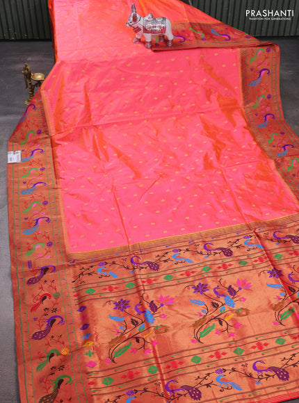 Peach Orange & Red Pure Paithani Silk Saree