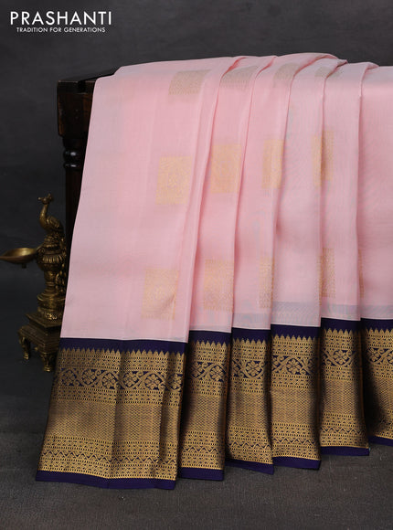 Peach Pink & Navy Blue Kanchipuram Silk - Buttas