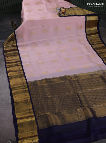 Peach Pink & Navy Blue Kanchipuram Silk - Buttas