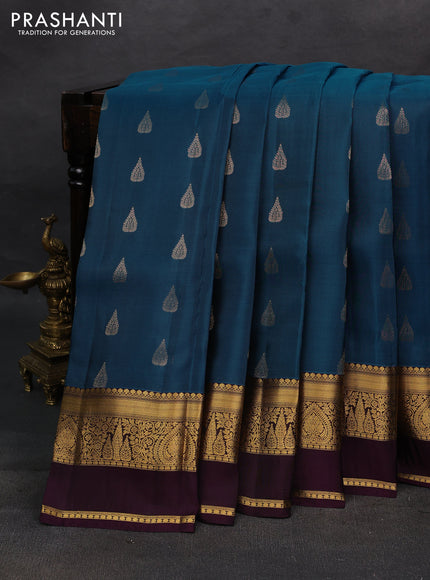 Peacock Blue & Wine Kanchipuram Silk - Buttas