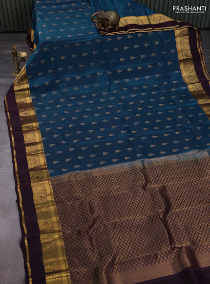 Peacock Blue & Wine Kanchipuram Silk - Buttas