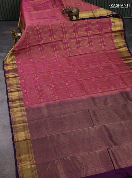 Peach Pink & Purple Kanchipuram Silk - Checks
