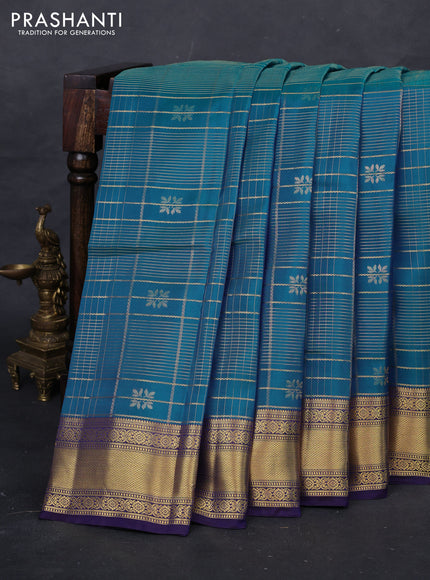Peacock Blue & Navy Blue Kanchipuram Silk - Checks