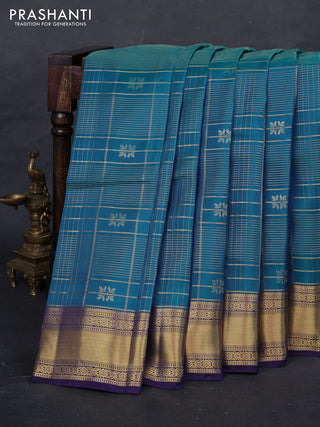 Peacock Blue & Navy Blue Kanchipuram Silk - Checks