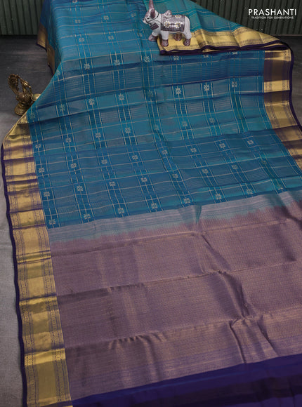 Peacock Blue & Navy Blue Kanchipuram Silk - Checks