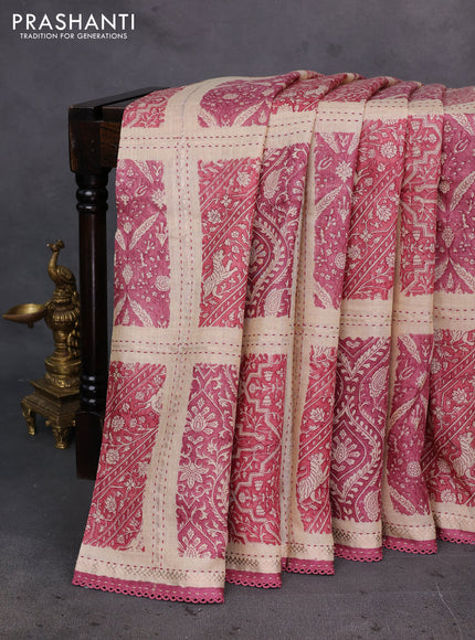 Pink & Beige Pure Munga Tussar Silk - Kantha Embroidery