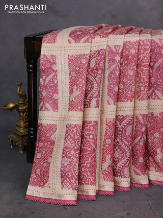 Pink & Beige Pure Munga Tussar Silk - Kantha Embroidery