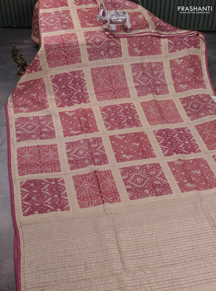 Pink & Beige Pure Munga Tussar Silk - Kantha Embroidery