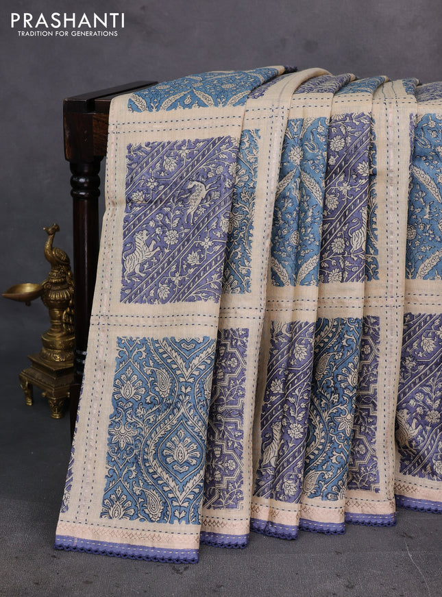 Blue & Beige Pure Munga Tussar Silk - Kantha Embroidery