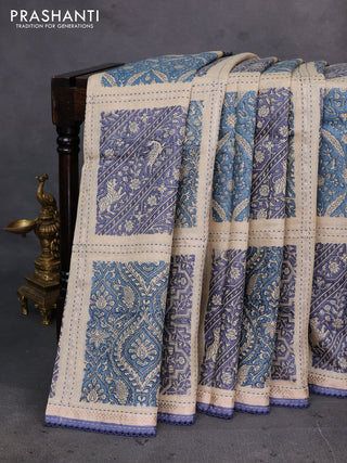 Blue & Beige Pure Munga Tussar Silk - Kantha Embroidery