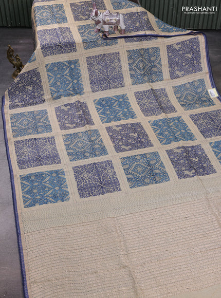 Blue & Beige Pure Munga Tussar Silk - Kantha Embroidery