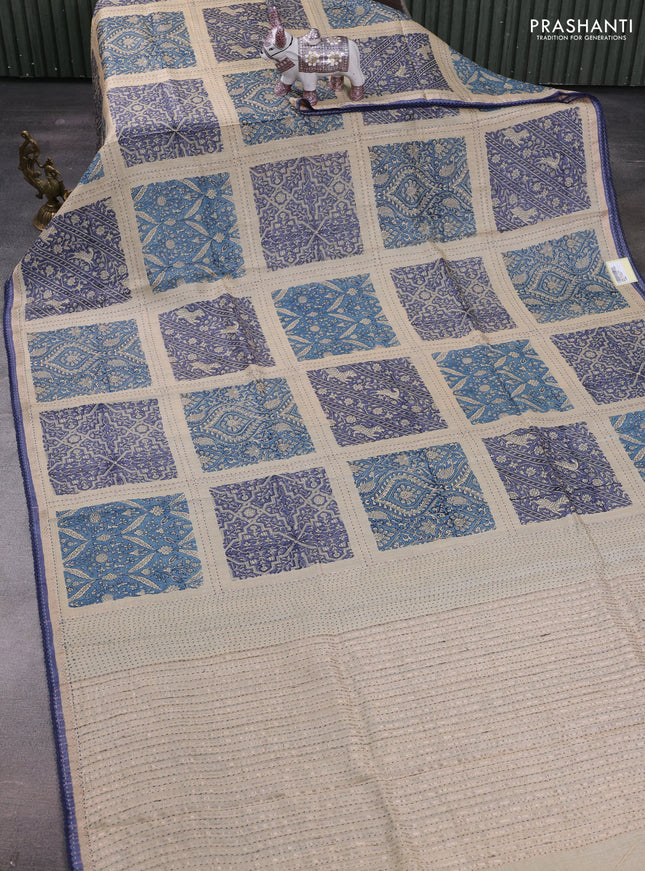 Blue & Beige Pure Munga Tussar Silk - Kantha Embroidery