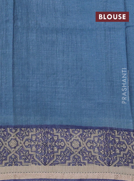 Blue & Beige Pure Munga Tussar Silk - Kantha Embroidery