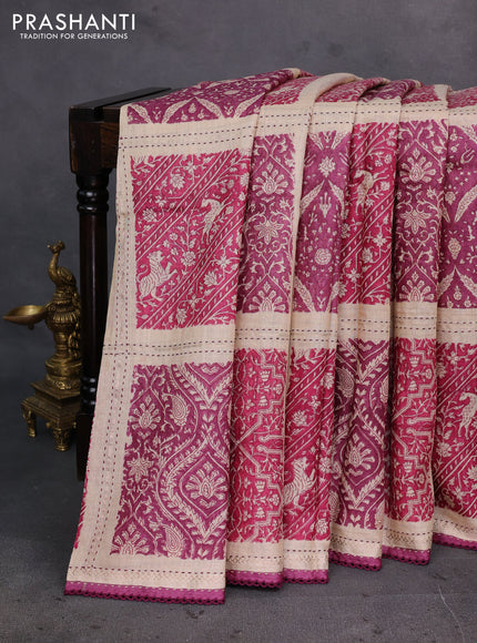 Magenta Pink & Beige Pure Munga Tussar Silk - Kantha Embroidery