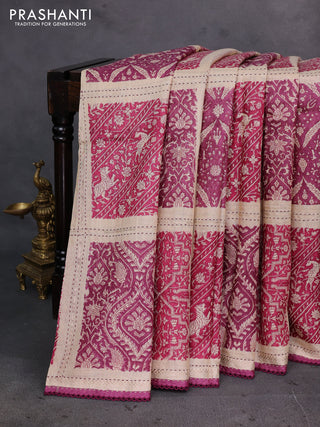 Magenta Pink & Beige Pure Munga Tussar Silk - Kantha Embroidery